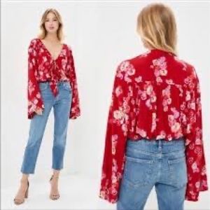 Free people red floral cross tie blouse